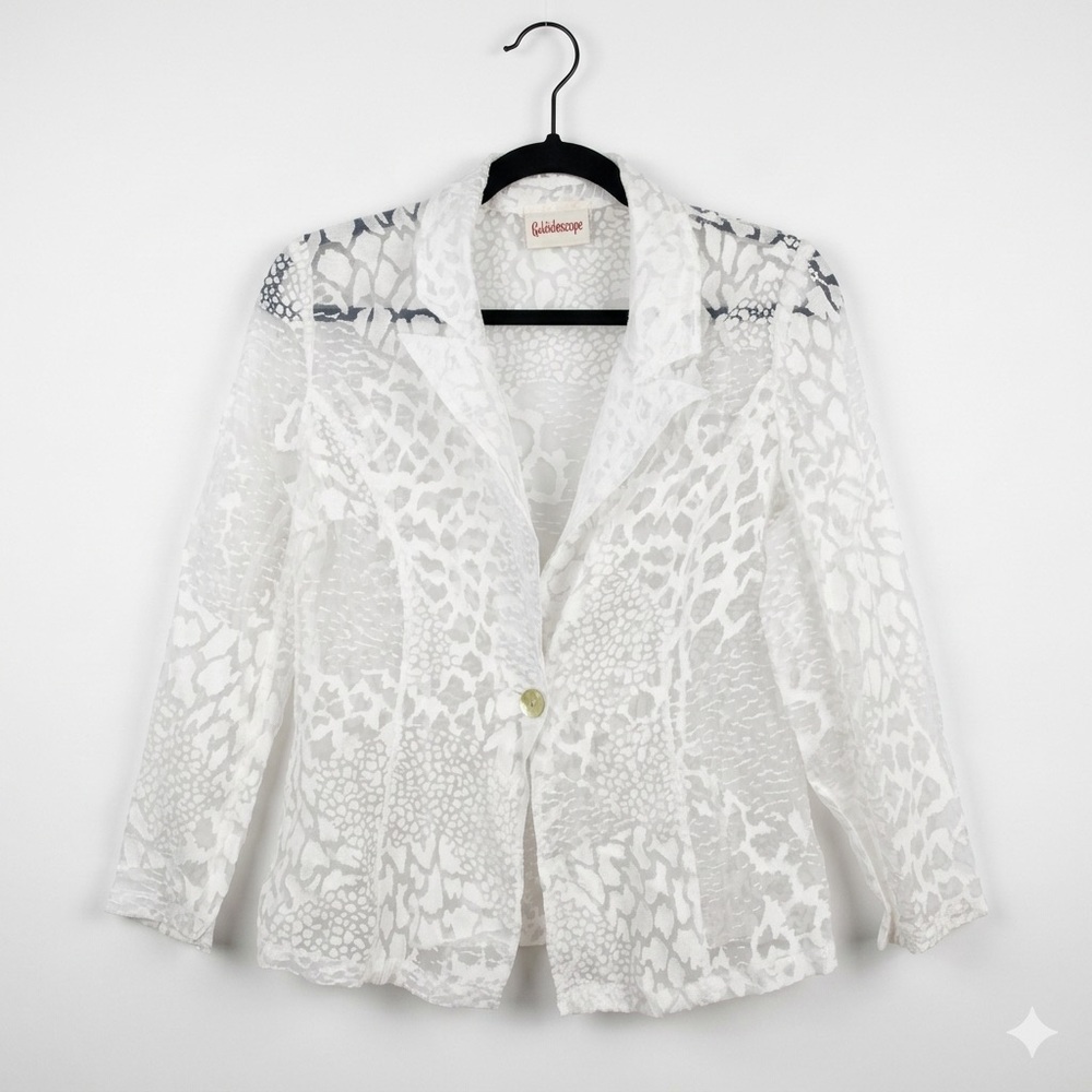 VTG Kaleidoscope Sheer White Burnout Animal Print Blazer Jacket Mesh Sz L